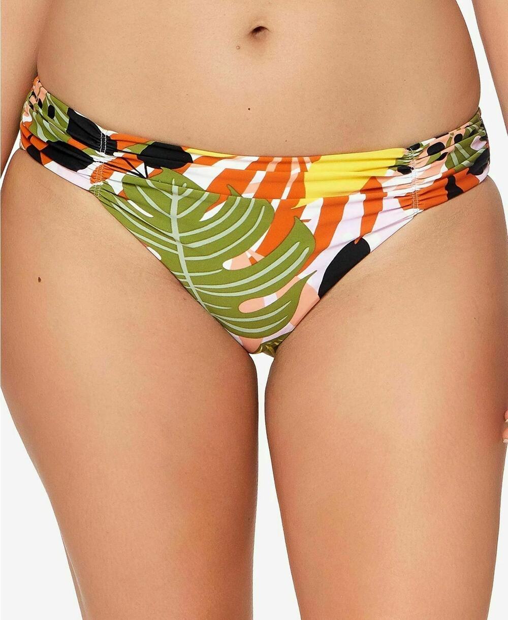 Bar III Women's Swim Green Boho Tropical-Print Ruched Bikini Bottom Size M New